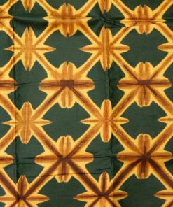 Tissu africain en bazin vert militaire, jaune et brun, motifs kaléidoscope