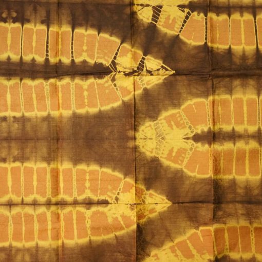 Tissu africain en bazin caramel, brun et jaune, motif feuille de palmier
