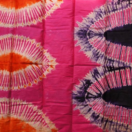 Tissu africain bazin rose, orange, violet et crème, motif feuille de palmier