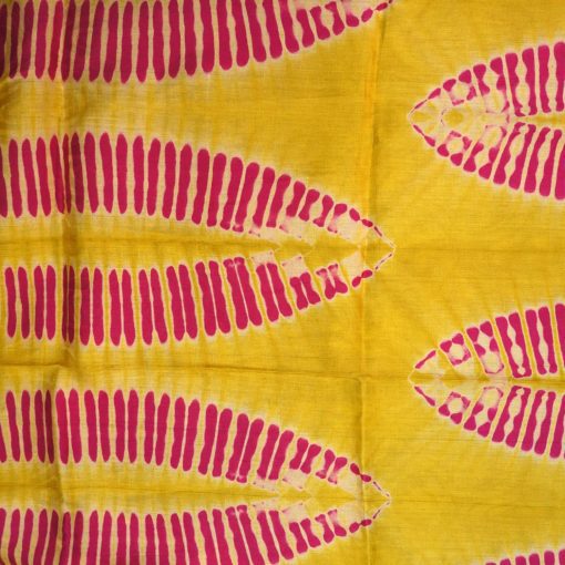 Tissu africain bazin rose, jaune et crème, motif feuille de palmier