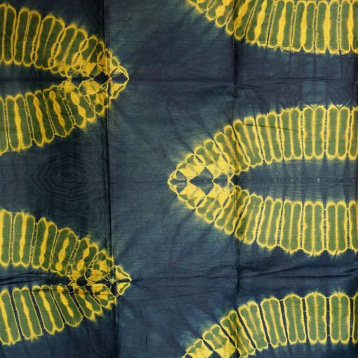 Tissu africain en Bazin kaki, bleu foncé et jaune, motif feuille de palmier