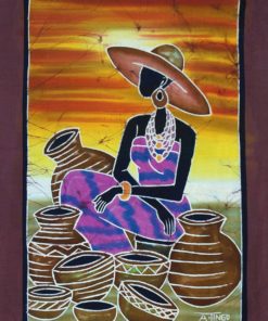 Batik africain : vendeuse de calebasses au chapeau