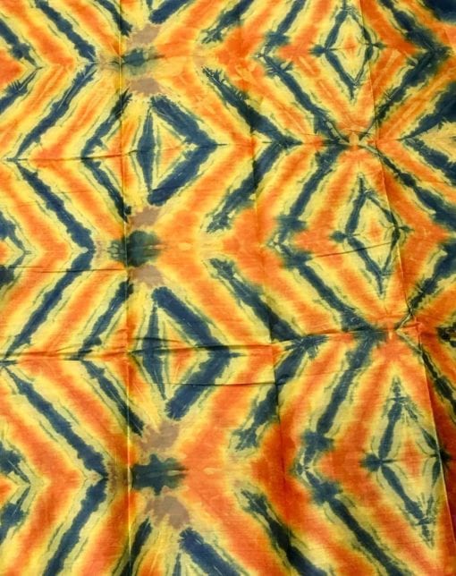 Tissu africain en bazin café, jaune, orange et bleu motif dune