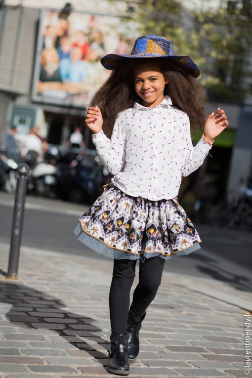 Jupe africaine enfant en wax et tulle et chapeau en wax