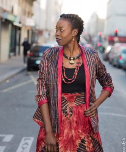 Veste et jupe en bazin noir et rouge
