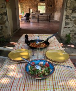 Nappe en tissu calicot orange vert citron blanc vichy